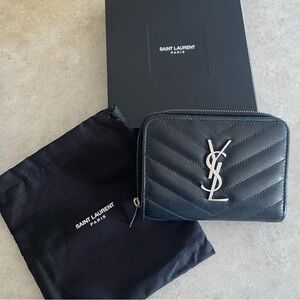 YSL Black Silver Hardware Chevron Zippered Compact Wallet